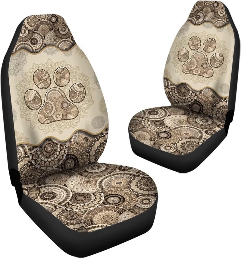 Howilath Brown Boho Mandala Dog Paw Print Seat Covers for Women Men Car Seat Covers, 2pcs Car Accessories High Back Front Seat Covers - Image 3